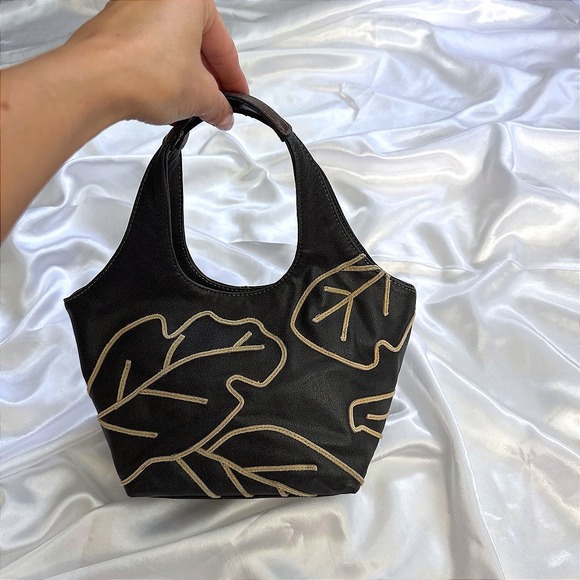 Nine West Handbags - Nine West Black Faux Leather Leaf Embroidered Hobo Bag Mini Handbag Y2K